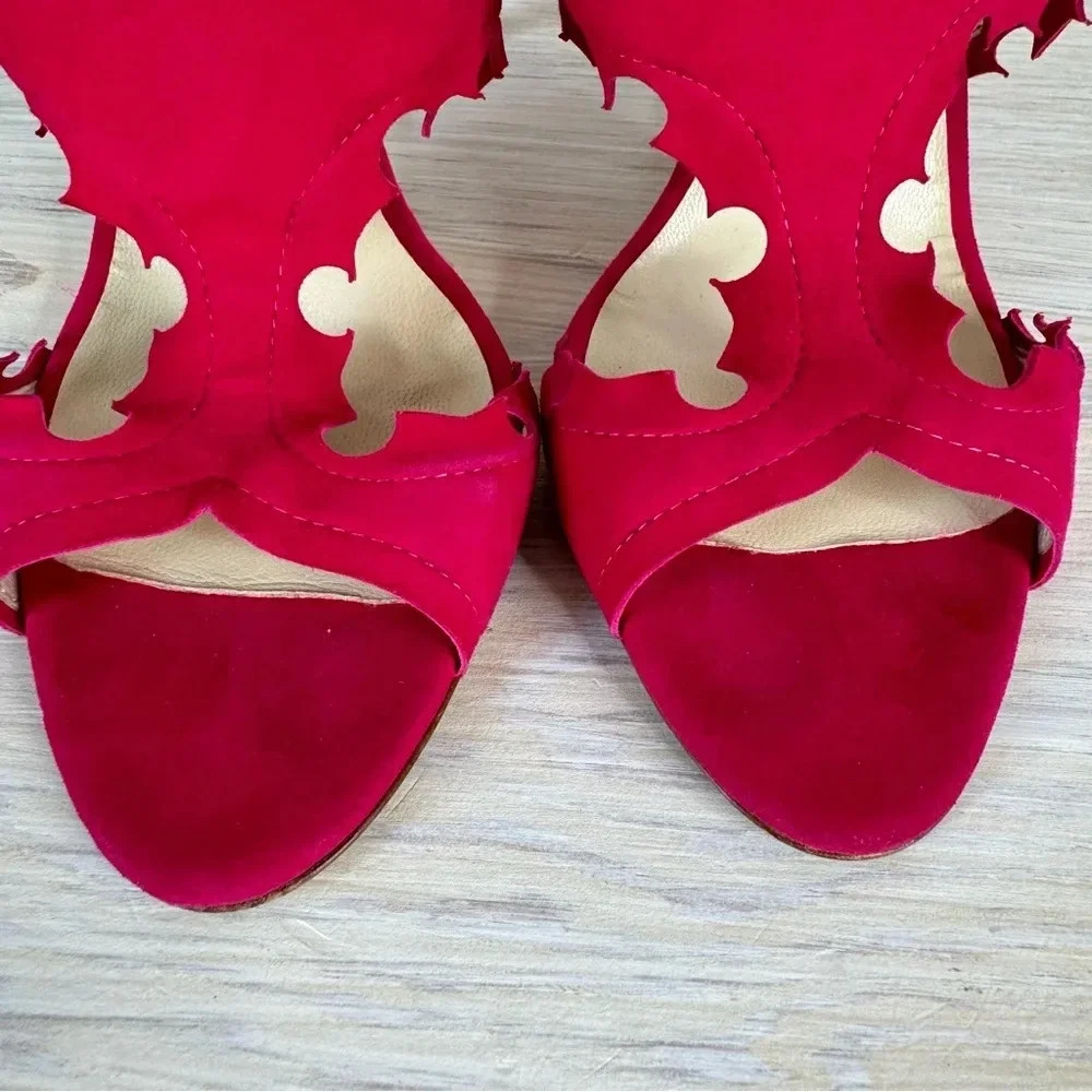 Rupert Sanderson Floria Pink Fuchsia Suede Cutout Peep Toe Heeled Sandals - Picture 9 of 16